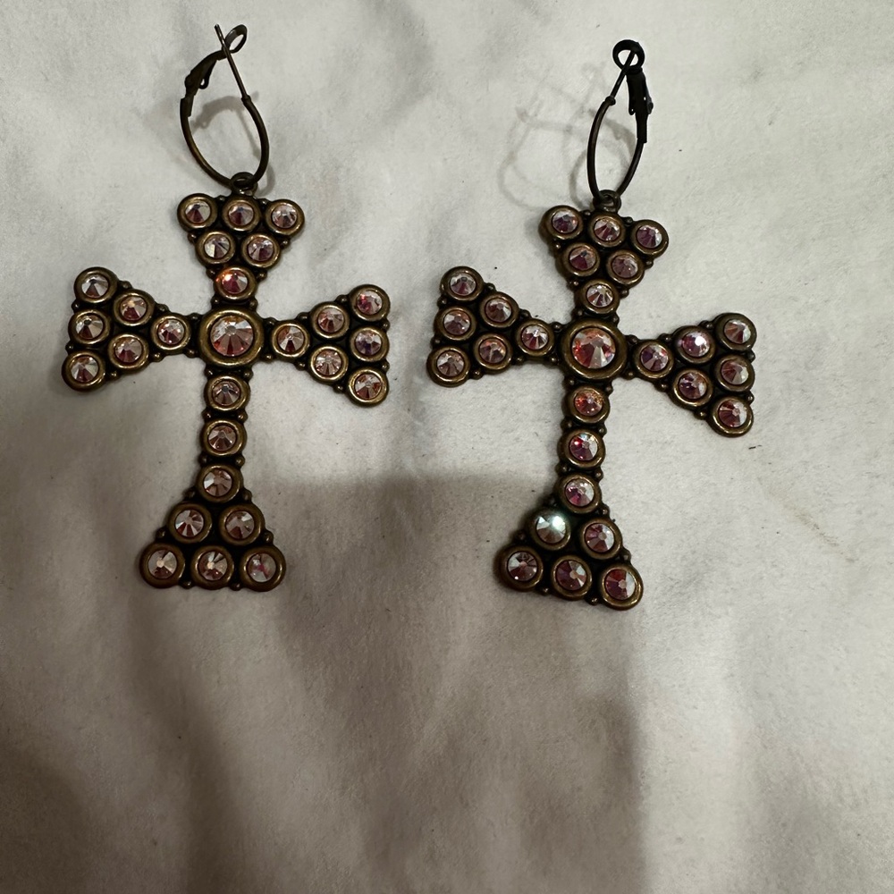 Vintage Cross Earrings with Pink and Gold Accents